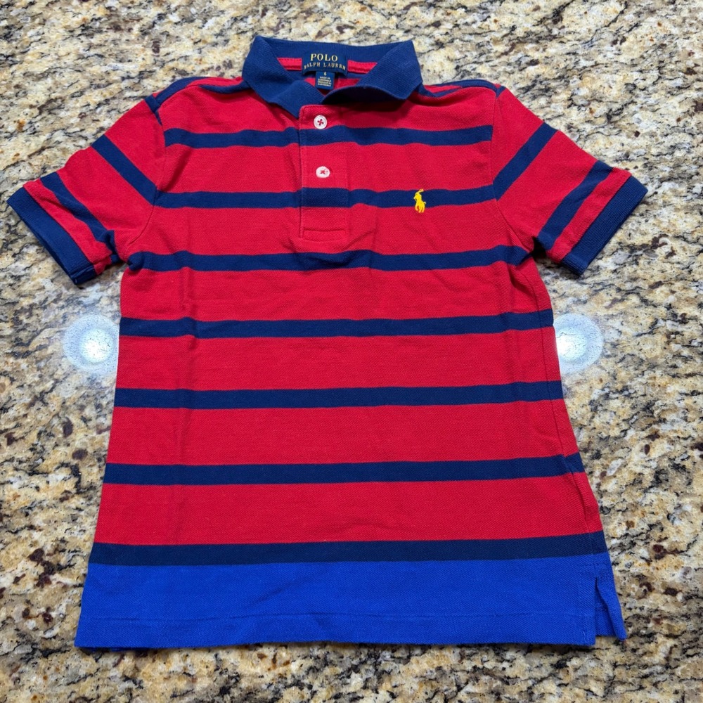 Polo Ralph Lauren Boys Red Navy Blue Striped Short Sleeve Polo Shirt Size 6 ws
